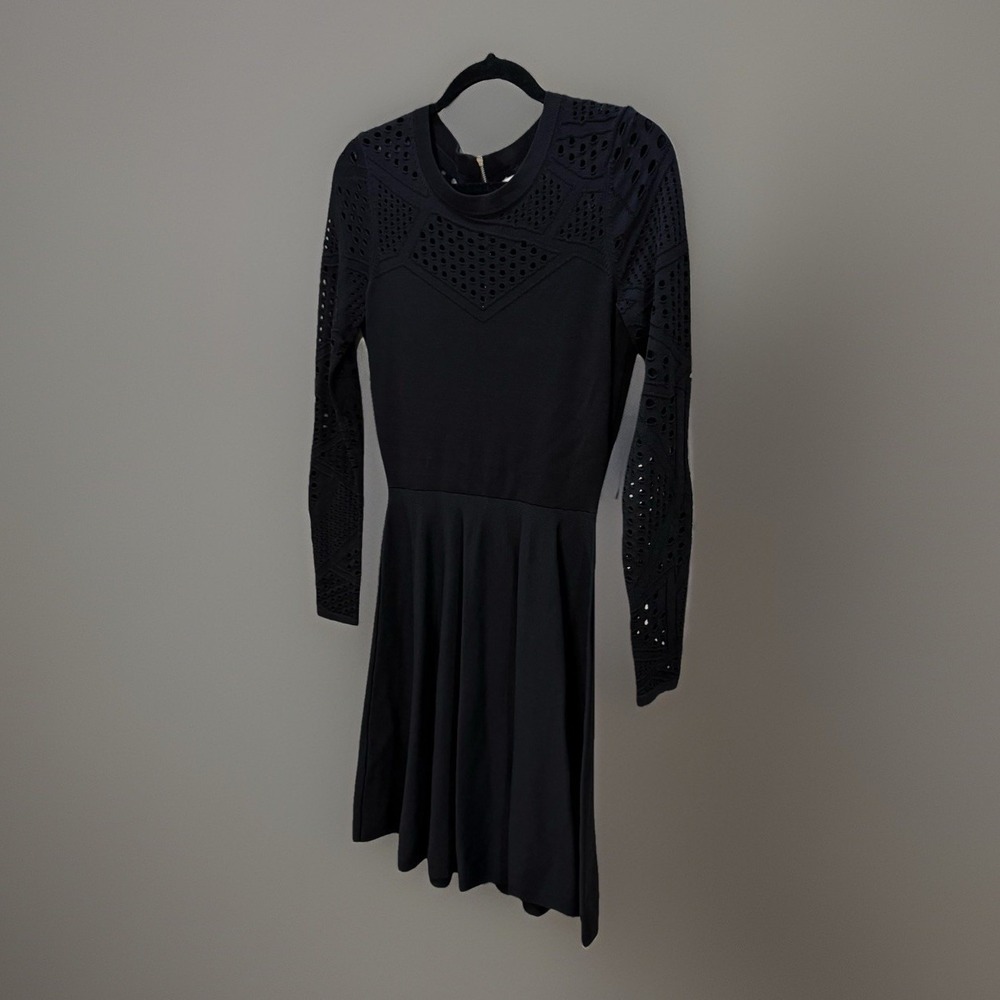 Milly Pointelle Fit & Flare Black Long Sleeve Knit Dress Sz P Romantic Feminine - Picture 4 of 10